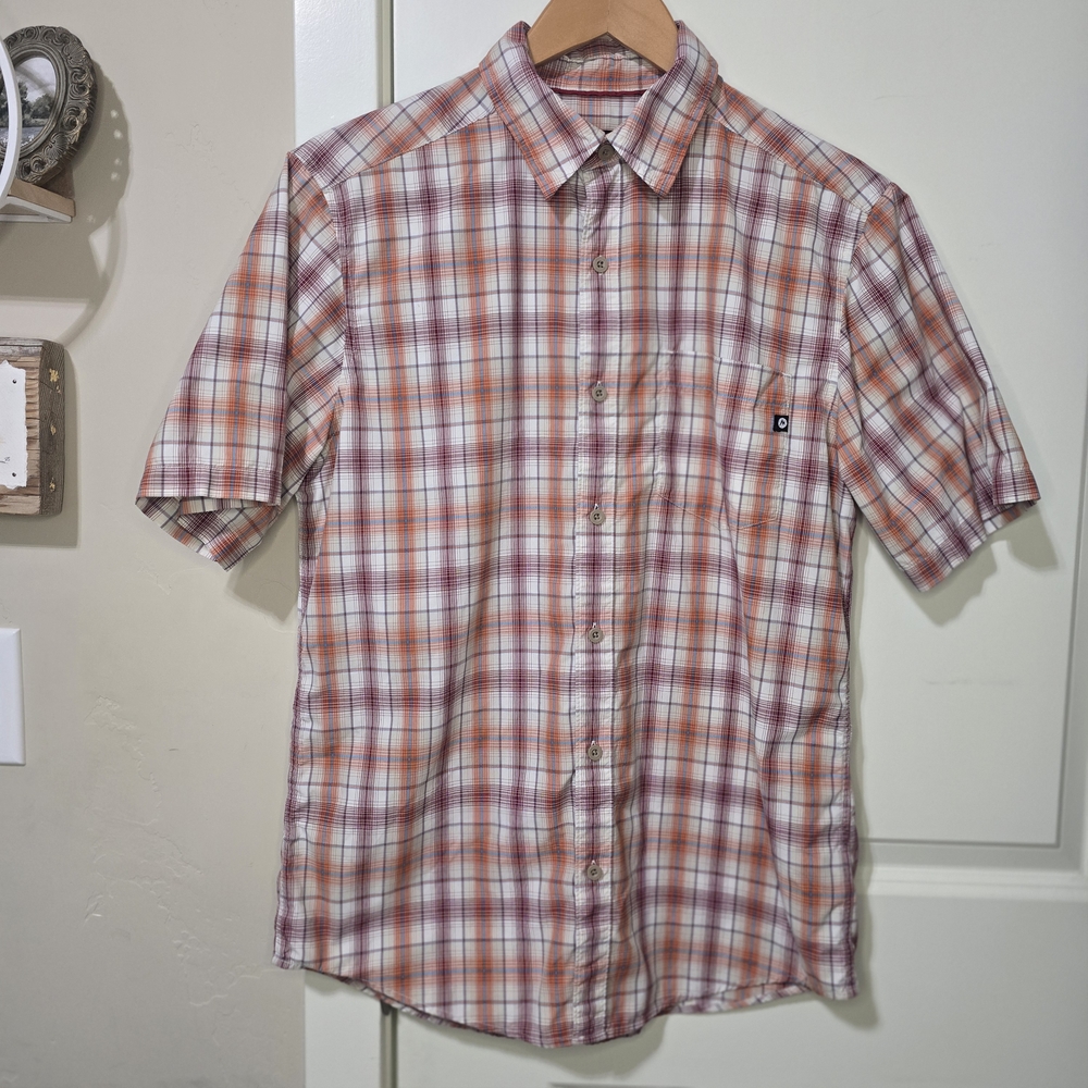 Marmot Men Plaid Short Sleeve Button-Up Shirt Orange White Small Outdoor Summer